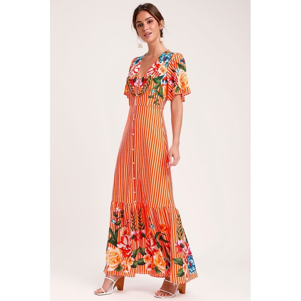 Lulu's Roam the Riviera Orange Multi Striped Button-Up Maxi Dress Size Small EUC - Picture 3 of 15